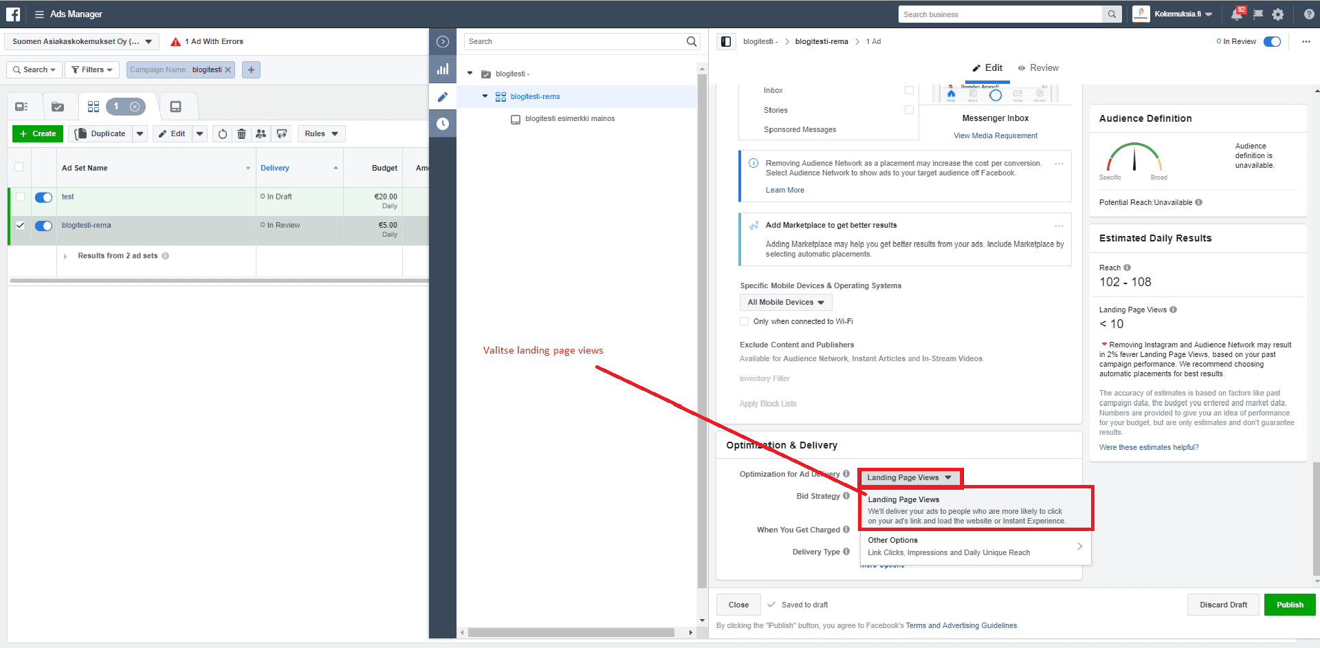 Facebook optimization goal
