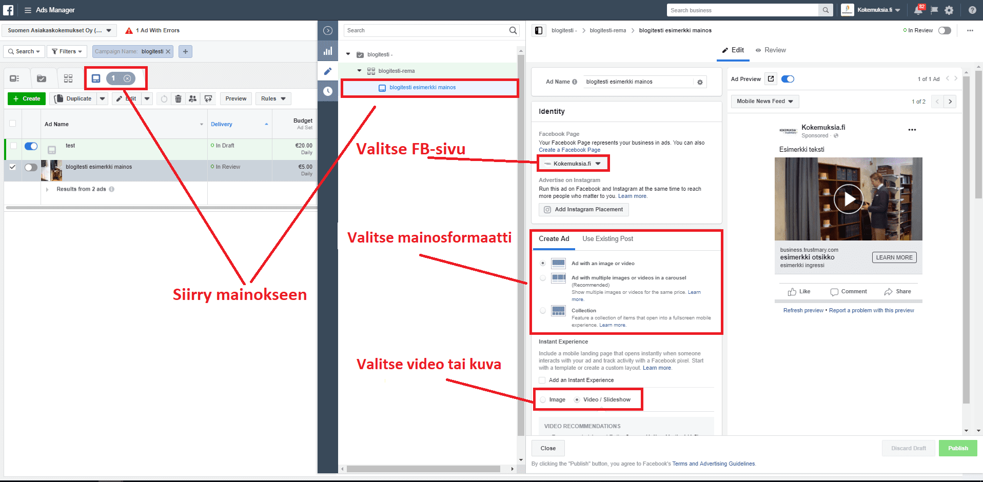 Facebook mainoksen luonti