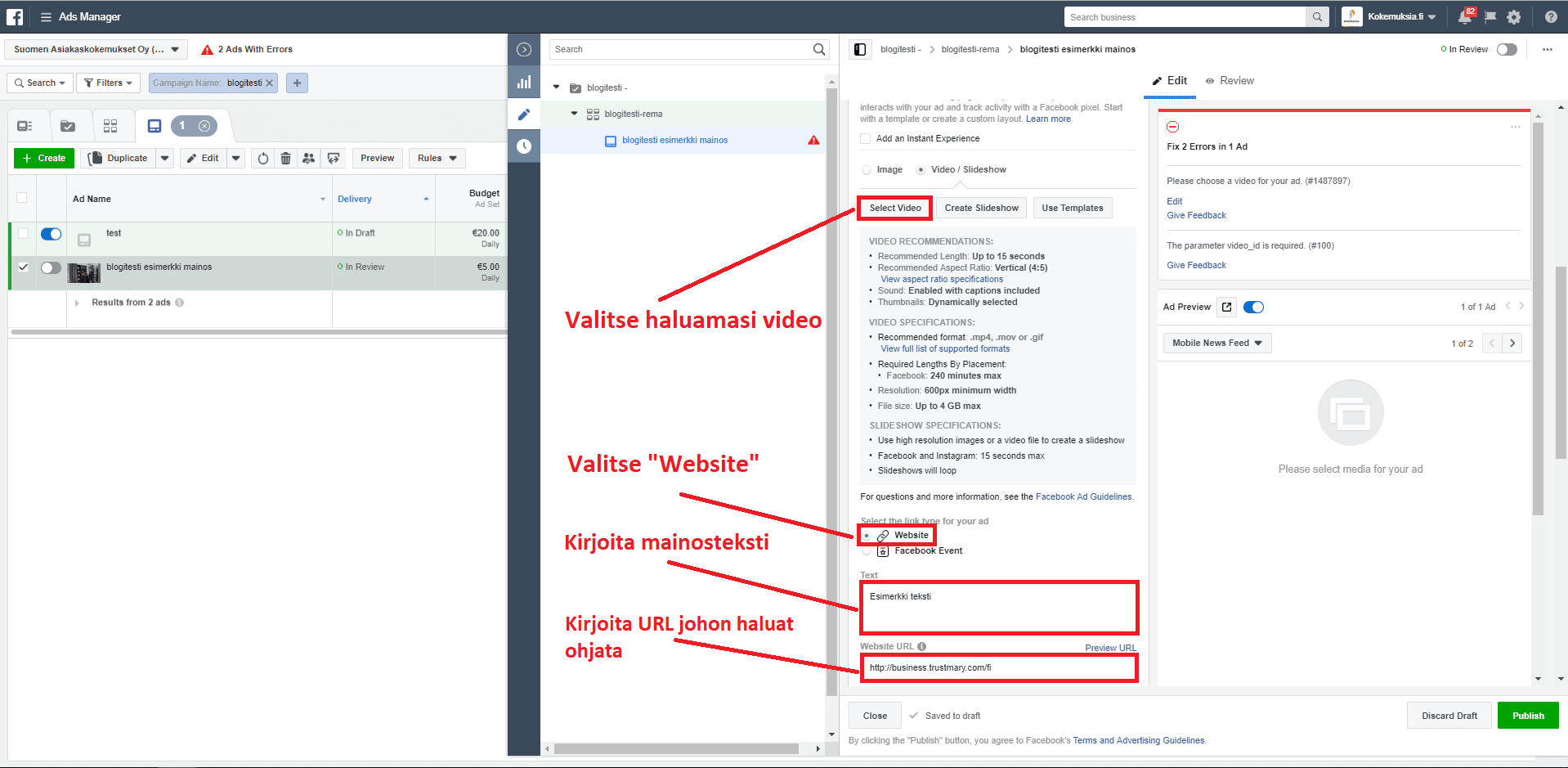 Facebook mainosvideo ja tekstit