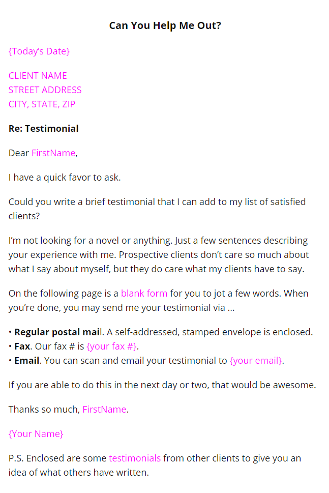 testimonials via snail mail