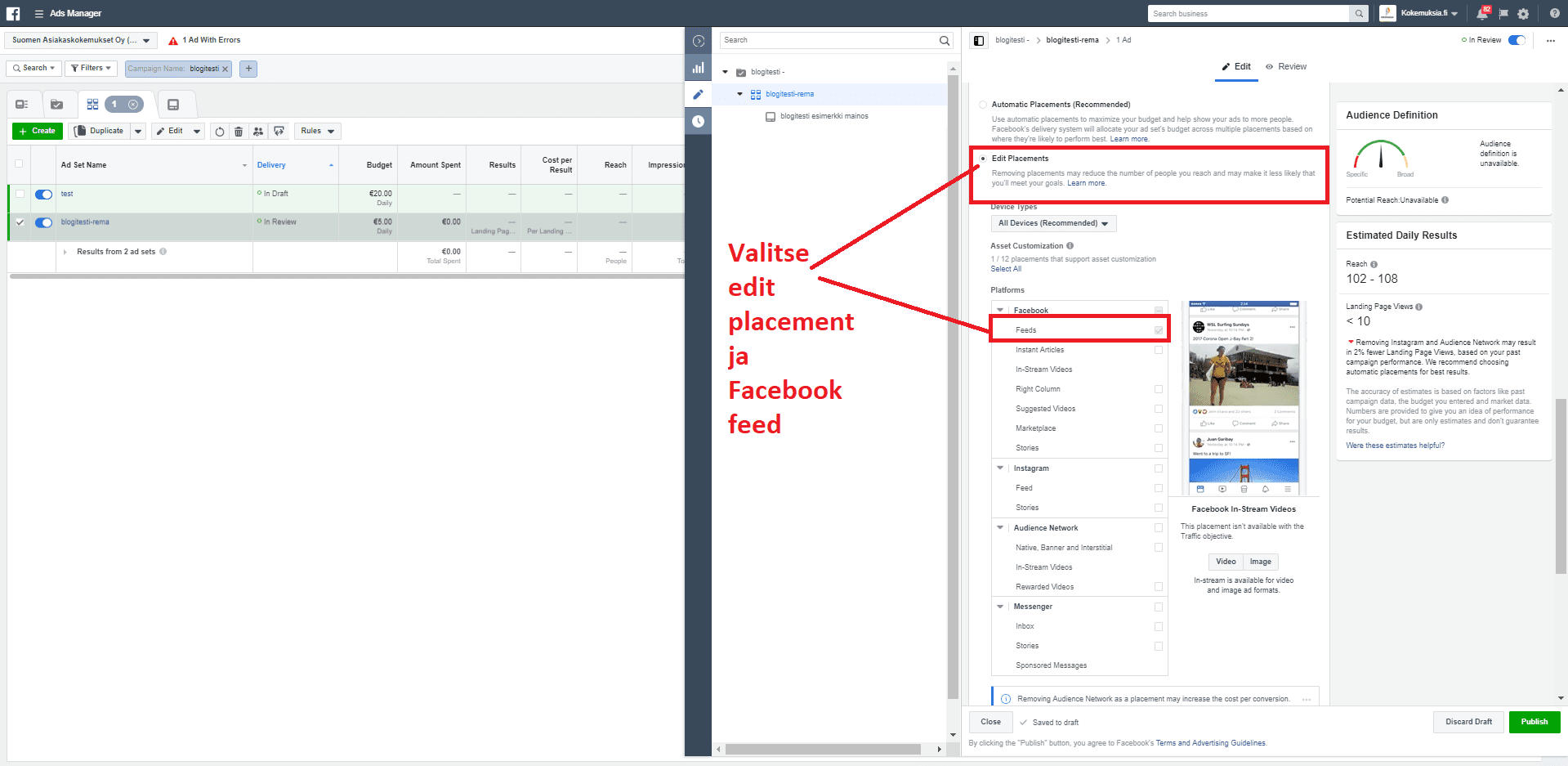 Facebook sijoittelut