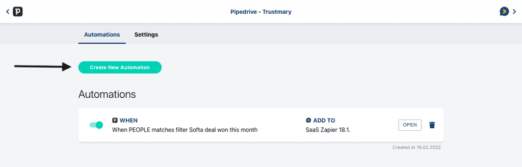 create new automation pipedrive