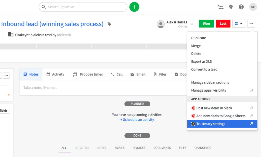 Pipedrive Trustmary settings