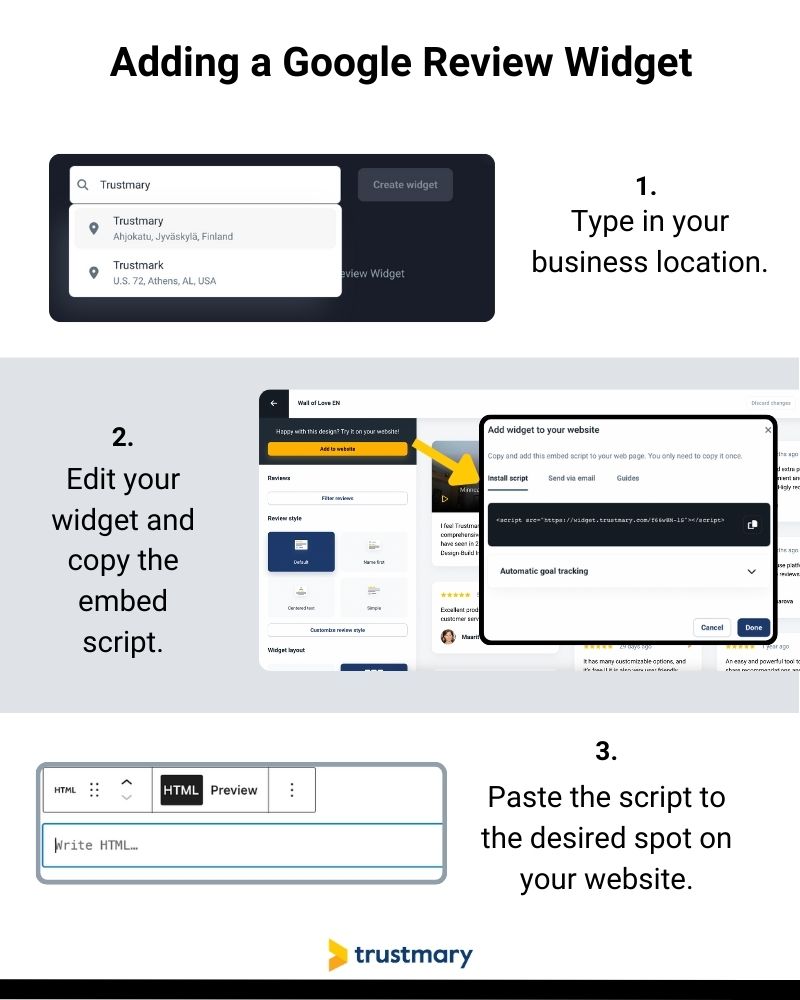 adding a google reviews widget to your website can be done in three easy steps