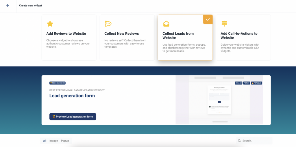create a lead generation widget or choose to simply add reviews to website or add call-to-actions 
