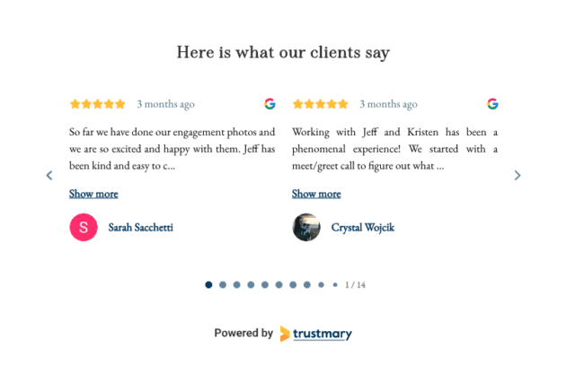 example of google review widget on website for photographer