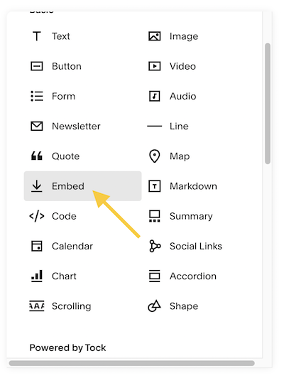 embed code block selection on squarespace