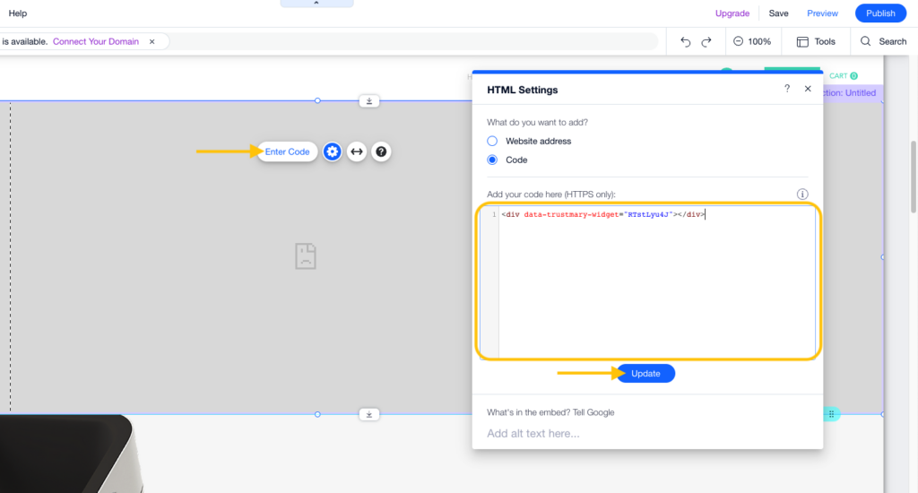 entrez le code du widget d'avis Google sur Wix