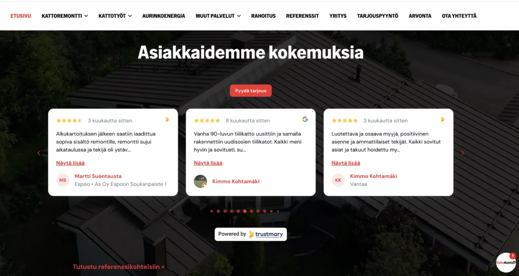 Taitokaton etusivulla on lisätty kerätyt arvostelut Trustmaryn widgetillä ja samaan on lisätty
