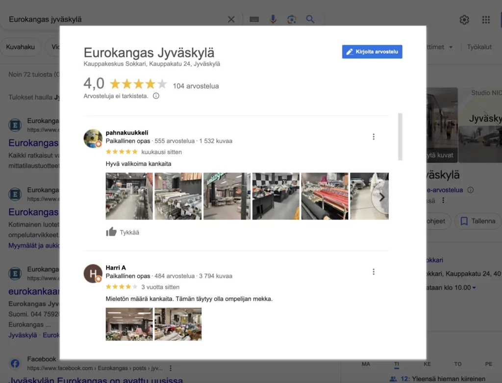 google arvosteluja orgaanisesti toimipisteille
