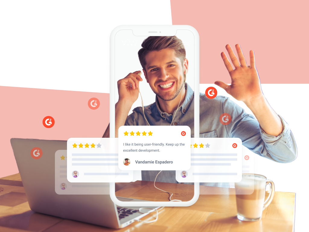 G2 reviews around a smiling and waving man