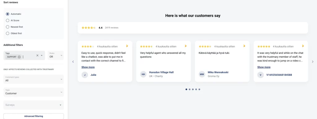 filter reviews which are shown on each widget by using tags