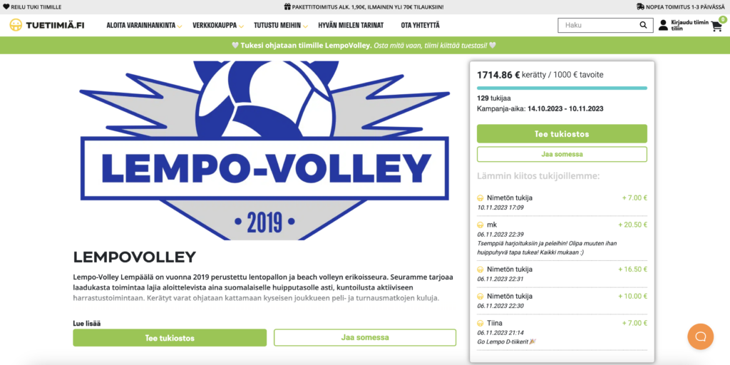 Every team using TueTiimiä gets its own donation page which is updated in real-time.