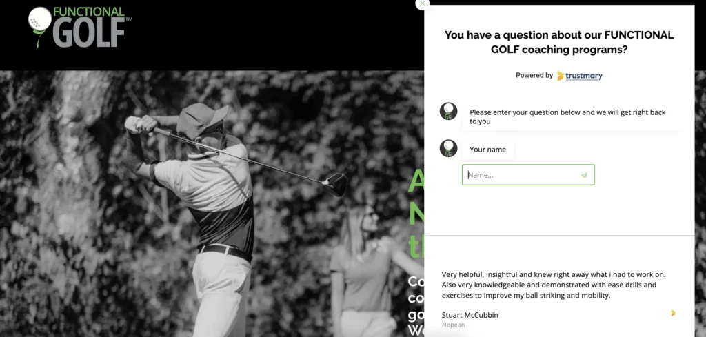 screenshot from functional golf's website showing the chatbot dialogue