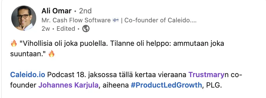 ali omar linkedin update mentioning the Johannes episode