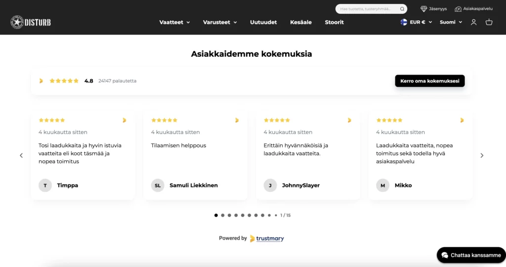 our customers' experiences about us on the disturb widget homepage