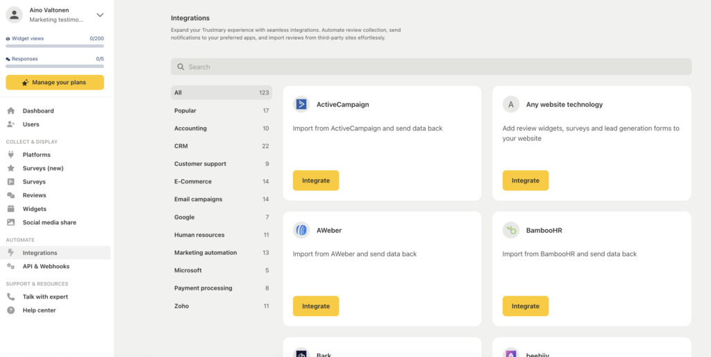 screenshot of integrations marketplace in trustmary