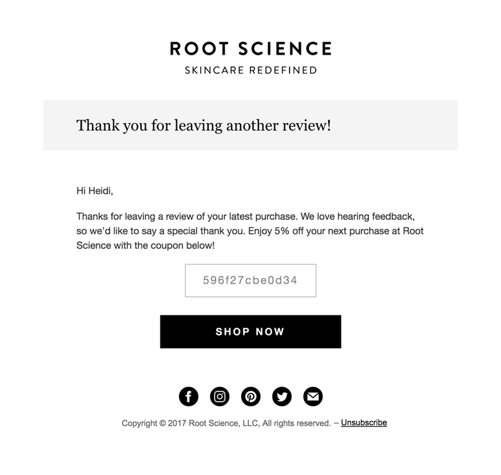 thank you page and discount code after leaving a review