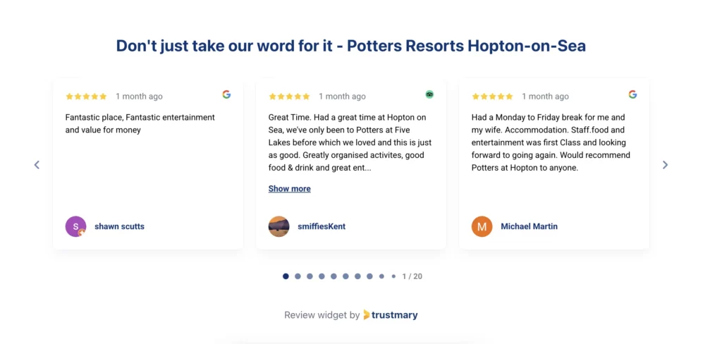 Bewertungs-Widget auf der Website von Potters Resorts