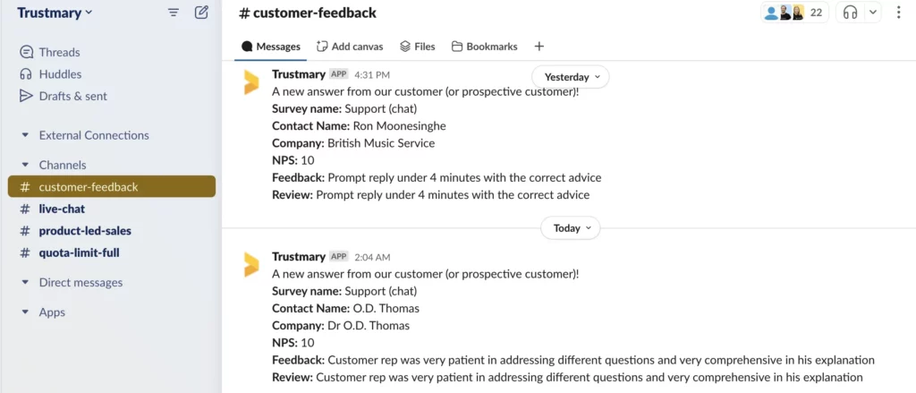 example of sharing customer feedback on slack
