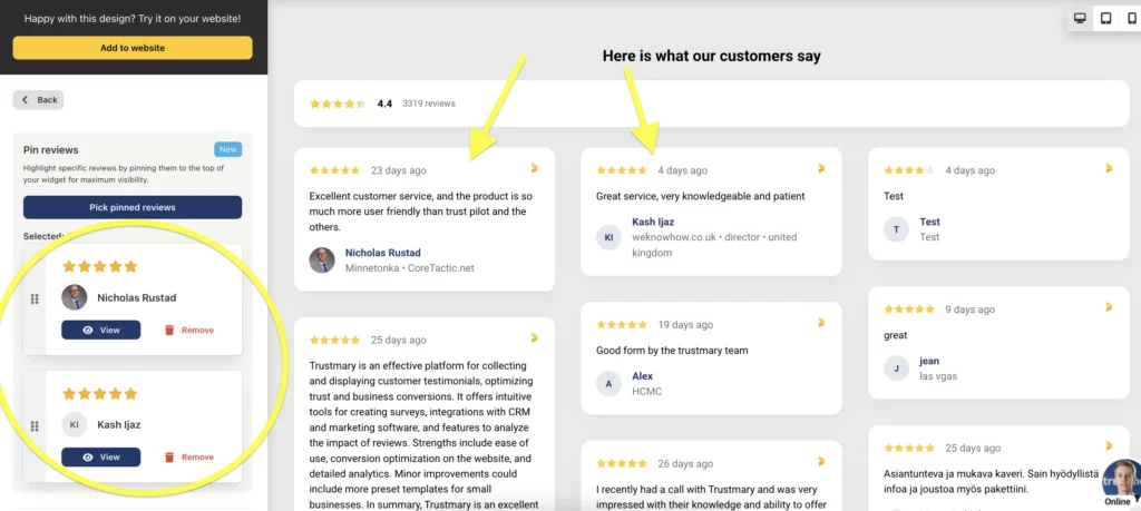 pin reviews in review widget example