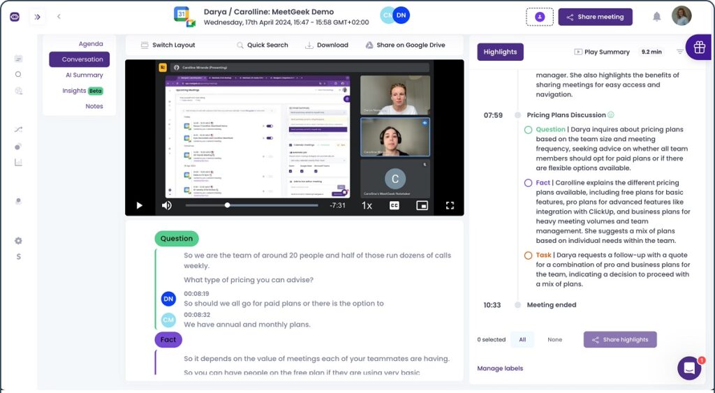 meetgeek dashboard