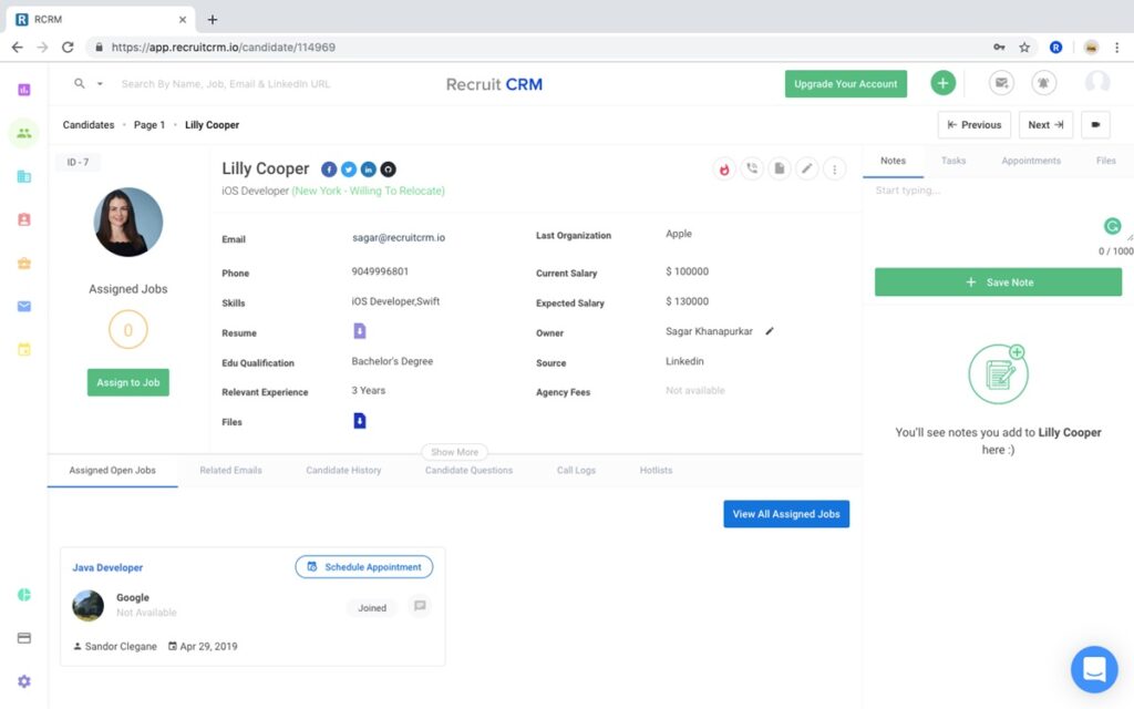 recruitCRM dashboard