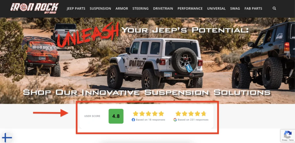 iron rock off road front page widget with average star ratings on google and facebook