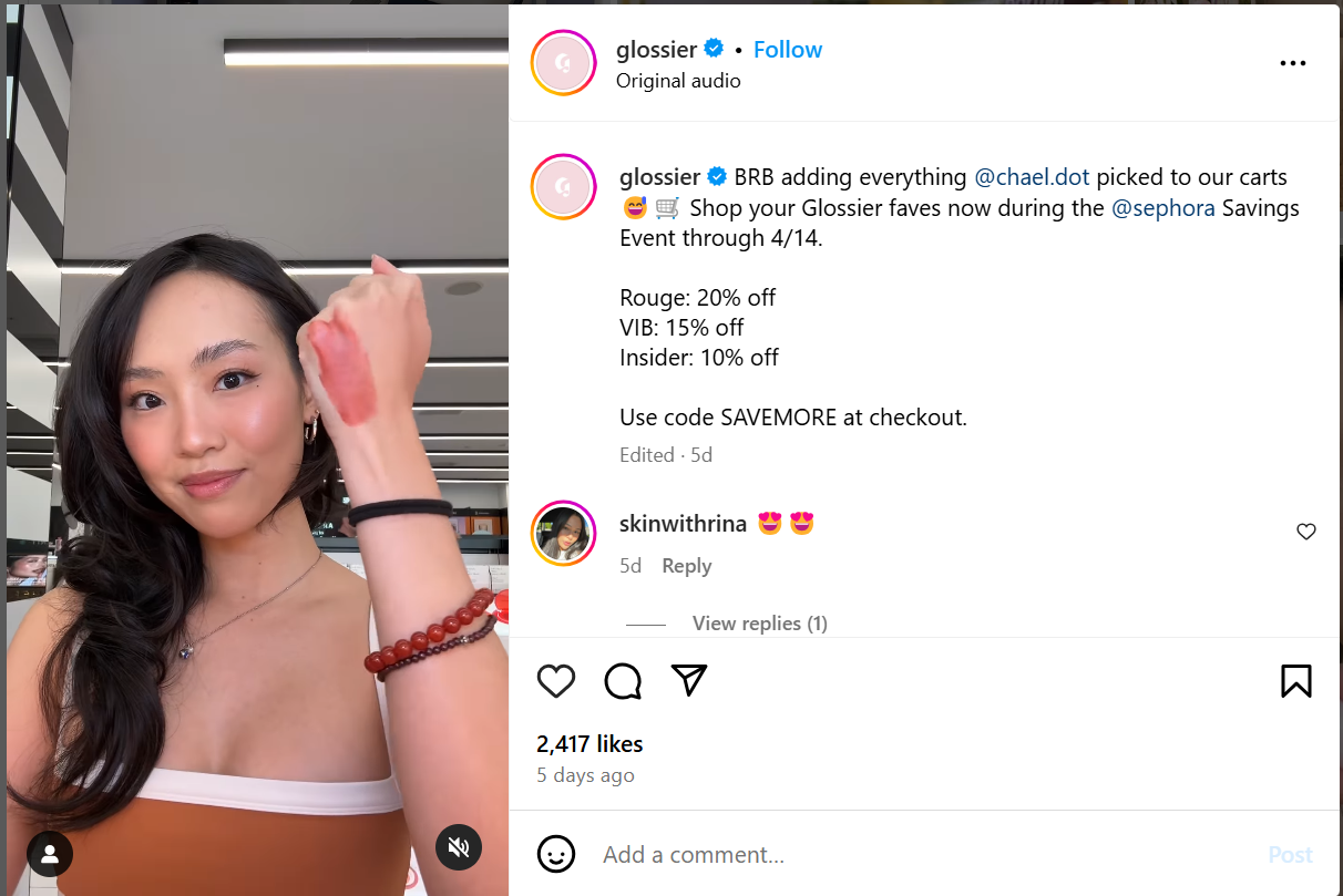 screenshot from glossier's instagram picture with an influencer