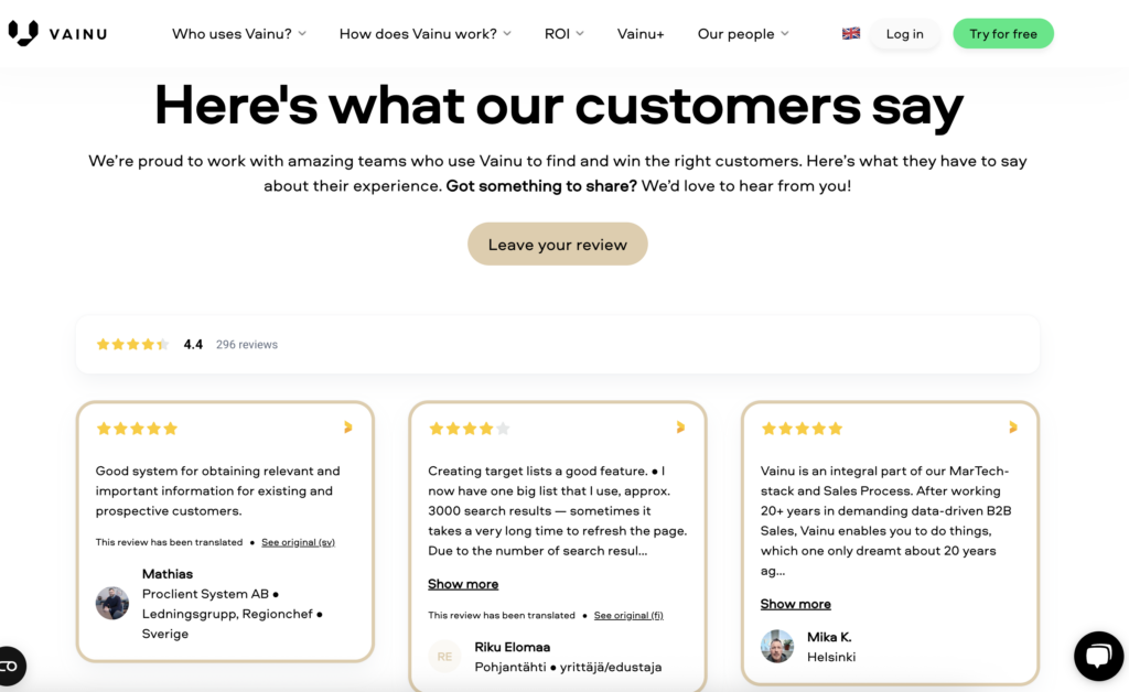 review widget on vainus website builds trust